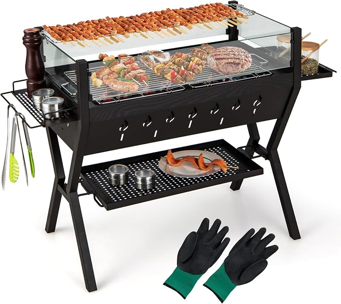 HAPPYGRILL Charcoal Grill with Glass Wind Guard & Seasoning Racks | Outdoor Barbecue Charcoal Grills with Storage Shelf, Warming and Cooking Grills, BBQ Grill Set for Camping Picnic Hiking