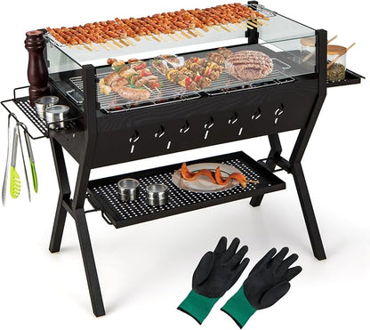 HAPPYGRILL Charcoal Grill with Glass Wind Guard & Seasoning Racks | Outdoor Barbecue Charcoal Grills with Storage Shelf, Warming and Cooking Grills, BBQ Grill Set for Camping Picnic Hiking