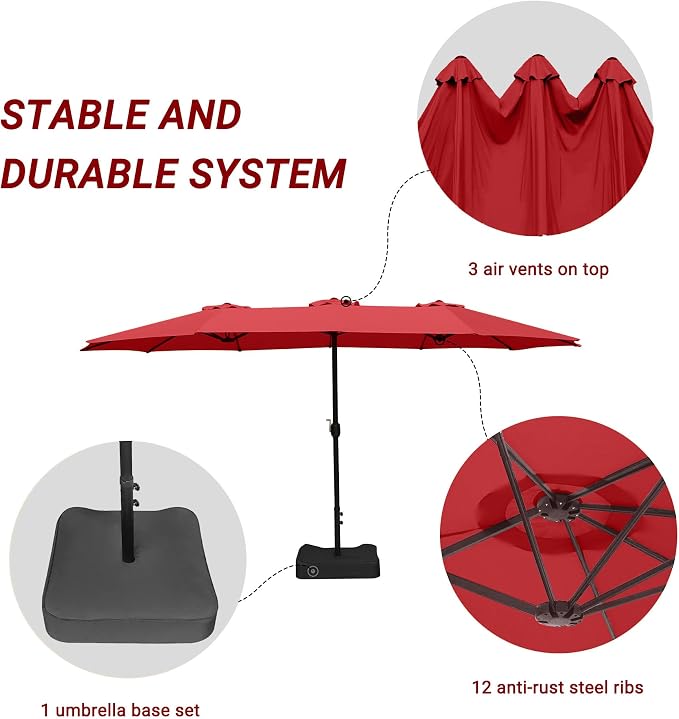 15ft Patio Umbrella with Base, 10-Year-No-Fade Large Outdoor Double-Sided Market Umbrella with UPF50+Terylene Polyester Fabric and Crank for Poolside Garden Deck Backyard Beach Pools