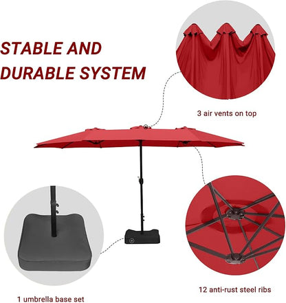 15ft Patio Umbrella with Base, 10-Year-No-Fade Large Outdoor Double-Sided Market Umbrella with UPF50+Terylene Polyester Fabric and Crank for Poolside Garden Deck Backyard Beach Pools