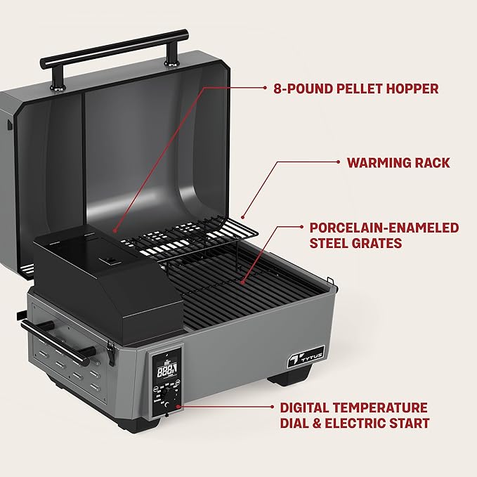 TYTUS Tabletop Pellet Smoker and Cover, 285 Sq. In Cooking Area between Main & Warming Rack, Digital Temp Dial, Electric Start with Porcelain Enameled Steel Grates