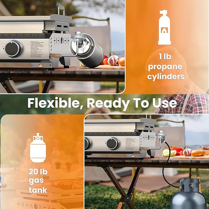 COWSAR 3-Burner Portable Tabletop Grill, 24000 BTU Stainless Steel Non-Stick Outdoor Portable Propane Griddle for Camping RV Backyard BBQ
