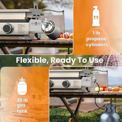 COWSAR 3-Burner Portable Tabletop Grill, 24000 BTU Stainless Steel Non-Stick Outdoor Portable Propane Griddle for Camping RV Backyard BBQ