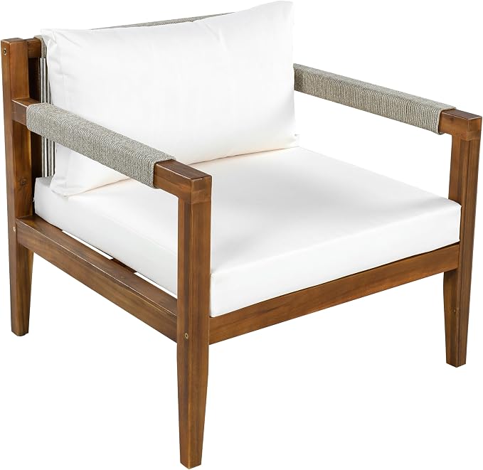 VilroCaz 3-Piece Patio Conversation Set, All Weather Sectional Sofa Set with Acacia Wood Frame and Woven Rope Accents, Outdoor Furniture Set with Cushions for Backyard Deck Poolside (Beige+Rope v)