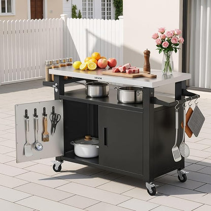VEVOR Outdoor Grill Cart with Storage Cabinet, 53.1 Inch Grill Table, Waterproof Kitchen Island with Stainless Steel Top, Shelf, and Wheels, Movable Food Prep Station for Patio Bar Backyard BBQ