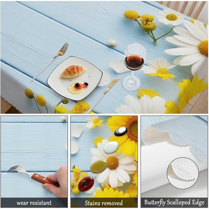 Swono Daisy Rectangular Tablecloth Garden Blossom Daisy Sunflowers Blue Wooden Washable Table Cloth Kitchen Dining Room Table Cover for Party Dinner 50x72 Inch Tablecloths