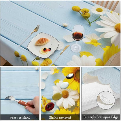 Swono Daisy Rectangular Tablecloth Garden Blossom Daisy Sunflowers Blue Wooden Washable Table Cloth Kitchen Dining Room Table Cover for Party Dinner 50x72 Inch Tablecloths