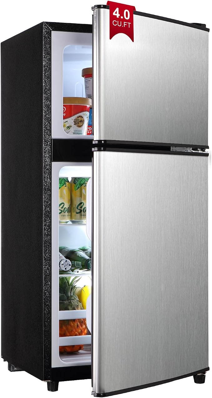 Mini Fridge with Freezer 4.0 Cu.Ft. Double-Door Mini Refrigerator Low Noise | 7-Level Adjustable Thermostat & Adjustable Glass Shelves, Compact Dorm Fridge 37 dB Low Noise for Bedroom, Apartment, Silver