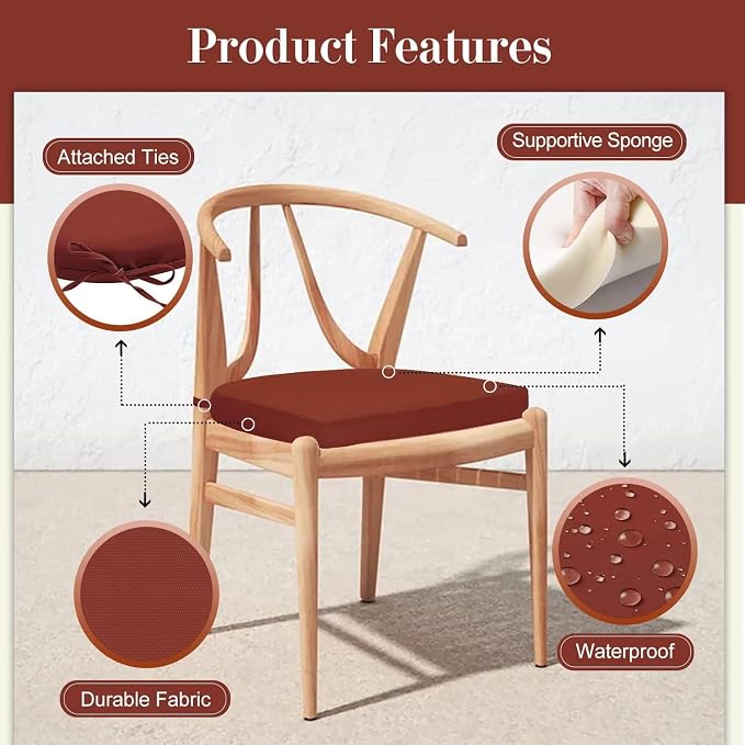 Cozyide Outdoor Chair Cushions, Waterproof Patio Seat Cushions with Adjustable Straps, Round Corner Patio Chair Cushions for Garden, Brick Red, 17x16x2 Inch (Pack of 2)