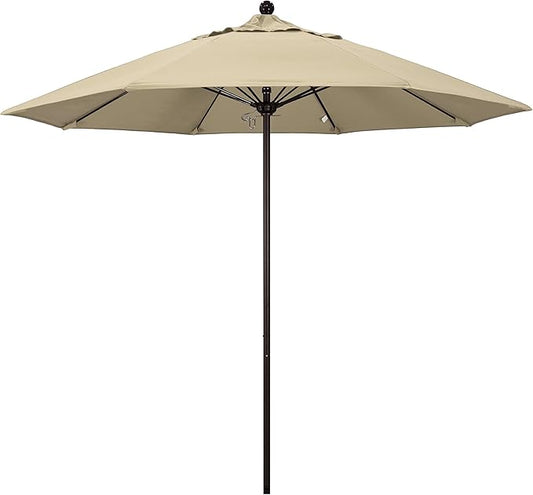 California Umbrella 9' Round Aluminum/Fiberglass Umbrella, Push Open, Bronze Pole, Sunbrella Antique Beige