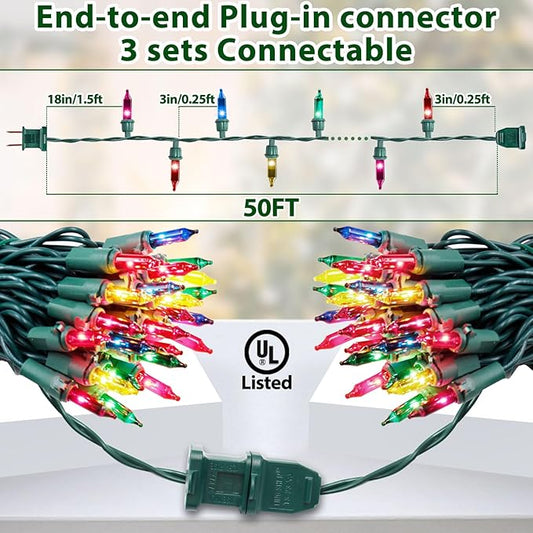 Multicolor Christmas Lights String 50FT 200 Count Incandescent Bulbs Mini Lights with Green Wire for Christmas Tree, Garland, Wedding, Party, Home, Indoor & Outdoor Festival Decoration