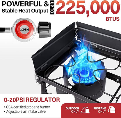 3 Burner Propane Camp Stove | 225,000 BTU | High Pressure Gas Burners | CSA Certified | Side Shelves | Windscreen | Waterproof Cover | Detachable Legs | Ideal for Camping Backyard Outdoor Cooking