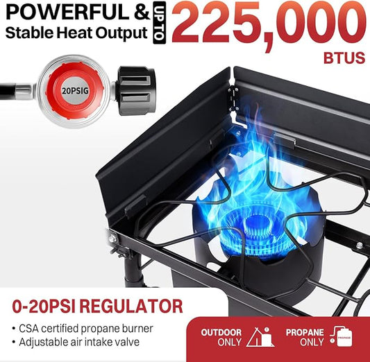 3 Burner Propane Camp Stove | 225,000 BTU | High Pressure Gas Burners | CSA Certified | Side Shelves | Windscreen | Waterproof Cover | Detachable Legs | Ideal for Camping Backyard Outdoor Cooking