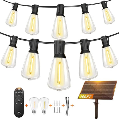 BLIATLUS 100FT Solar String Lights, Waterproof Outdoor with Remote 30+2 ST38 LED for Porch Fence