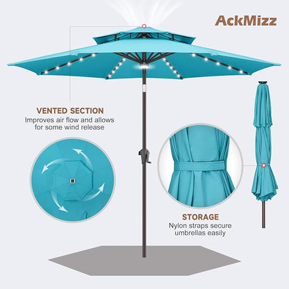 Solar Patio Umbrella Outdoor with Centre Light, 9 ft Aqua Blue | 2 Tiers, 40 LED Lights, UV Protection, Solar Outdoor Umbrella for Porch, Deck, Pool, Garden, Provides Evening Lighting