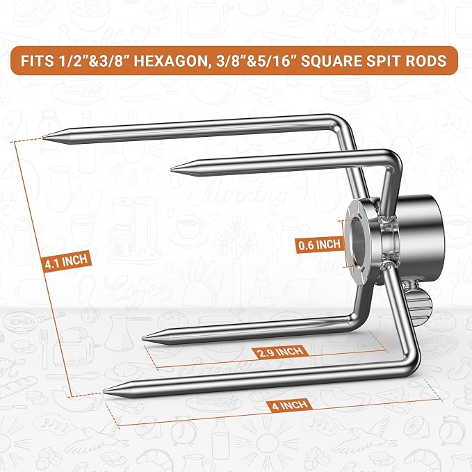 Onlyfire 6003 Grill Rotisserie Spit Meat Forks(1-Pair) Replacement-Fits 1/2-Inch hexagon & 3/8-Inch and 5/16-Inch square Spit Rods