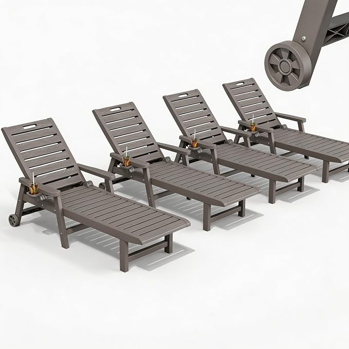 HDPE Outdoor Chaise Lounge Set of 4 with Wheels & Cup Holder, Grey | cup holder, 5-adjustable position, HDPE all-weather resin, lightweight, pool lounge chairs for pool, patio, beach, outside