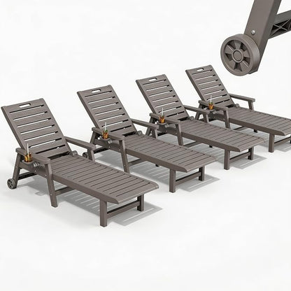 HDPE Outdoor Chaise Lounge Set of 4 with Wheels & Cup Holder, Grey | cup holder, 5-adjustable position, HDPE all-weather resin, lightweight, pool lounge chairs for pool, patio, beach, outside