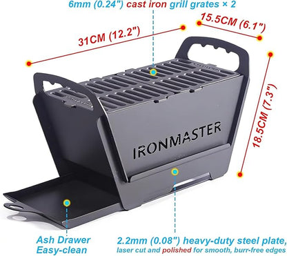 Portable Foldable Hibachi Grill, Heavy Duty & Durable, Small Charcoal Grill for Outdoor Camping Yakitori - w/Cast Iron Cooking Grate 11.5" x 5.5"