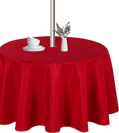 LUSHVIDA Round Outdoor Tablecloth with Umbrella Hole and Zipper, 70 Inch Red, Washable Waterproof Table Cloth Spill Proof Wrinkle Free Table Cover for Patio Spring Summer Picnic BBQS