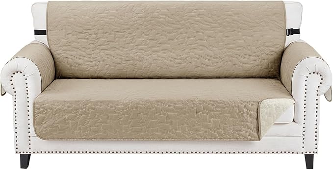 CUCRAF Non Slip Quilted Sofa Cover, Water Resistant Slipcover Furniture Protector for 2 Cushion Sofa Pet Friendly, Washable Couch Cover with Adjustable Elastic Straps (Medium-XL Loveseat, Khaki)