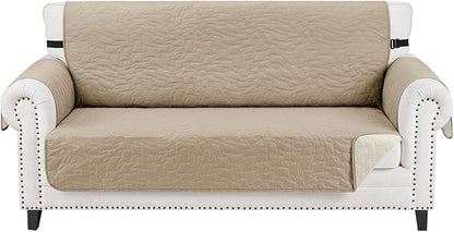 CUCRAF Non Slip Quilted Sofa Cover, Water Resistant Slipcover Furniture Protector for 2 Cushion Sofa Pet Friendly, Washable Couch Cover with Adjustable Elastic Straps (Medium-XL Loveseat, Khaki)