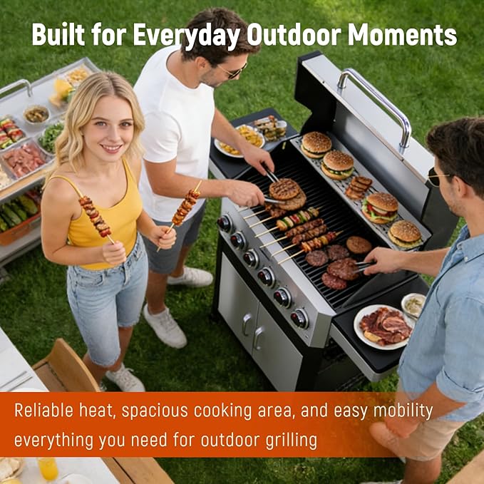 Redlife 6 Burner Propane Gas Grill, 60,000 BTU Outdoor BBQ Grill with Cast Iron Cooking Grates, Stainless Steel Warming Rack, Built-in Thermometer, Electronic Ignition, Side Shelves, Storage Cabinet