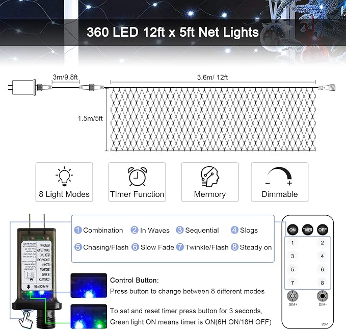 JMEXSUSS 360 LED Christmas Net Lights, White, 12ft x 5ft | Outdoor Waterproof, Connectable, Plug in, Mesh Lights with Remote for Bushes Shrubs Christmas Decorations