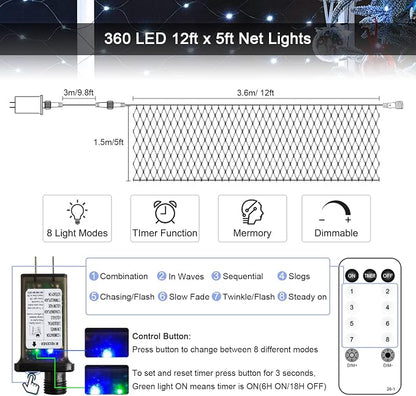 JMEXSUSS 360 LED Christmas Net Lights, White, 12ft x 5ft | Outdoor Waterproof, Connectable, Plug in, Mesh Lights with Remote for Bushes Shrubs Christmas Decorations