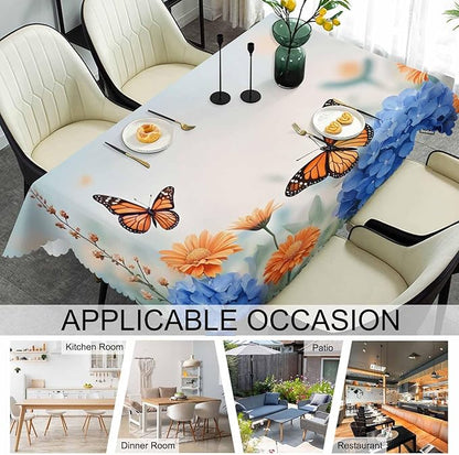 Decorative Rectangle Tablecloth 52"X70" Butterflies, Floral Daisies Butterfly Wrinkle Free Table Cover Picnic Table Cloths for Parties Weddings Kitchen Tablecloth, Blue