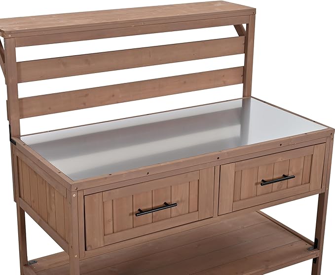 GDFStudio Elshire Patio Kitchen Island Cart with Storage, Wooden Outdoor Storage Cabinet with Stainless Steel BBQ Prep Table Top, Drawers, Raised Shelf and Lockable Wheels, Garden Potting Bench, Brown