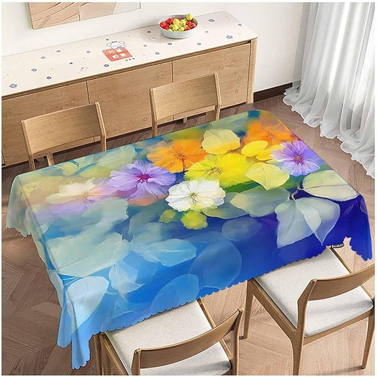 Tablecloth Abstract Floral 52 X 70 Inch, Watercolor Flowers Blur Blue Yellow Oblong Table Cloths Anti-Shrink Decorative Table Cover for Kitchen Dinning Tabletop Outdoor Picnic BBQ