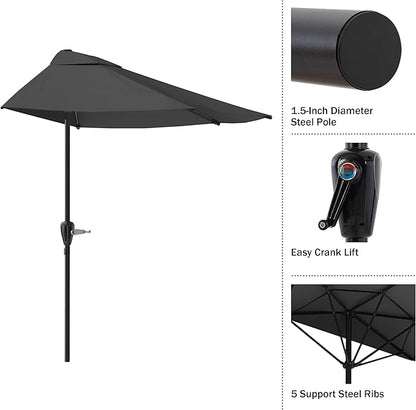 Half Umbrella Outdoor Patio Shade - 9 ft Patio Umbrella with Easy Crank - Small Canopy for Balcony, Table, or Deck by Pure Garden (Gray)