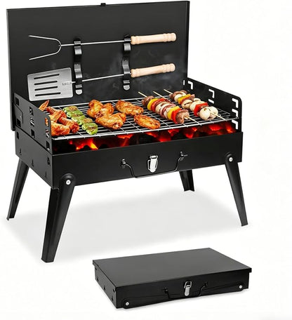 Portable Charcoal Grill for Outdoor Cooking–Foldable BBQ Grill with Adjustable Height, Removable Ash Catcher & Compact Storage Bag, Ideal for Camping, Picnics, Backyard Grilling, 16.7x10x17.7in