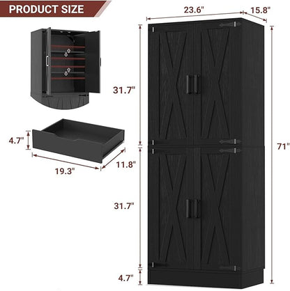 Unikito 71" Tall Kitchen Pantry Cabinet with Farmhouse Barn Doors and Storage Drawer, 4 Adjustable Shelves, Freestanding Cupboard for Kitchen, Dining Room, Living Room, Utility Room, Black