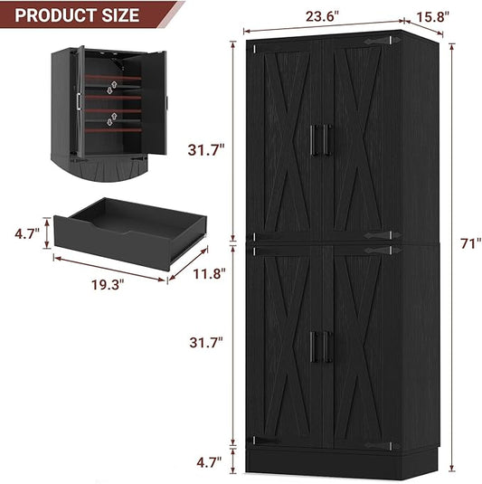 Unikito 71" Tall Kitchen Pantry Cabinet with Farmhouse Barn Doors and Storage Drawer, 4 Adjustable Shelves, Freestanding Cupboard for Kitchen, Dining Room, Living Room, Utility Room, Black