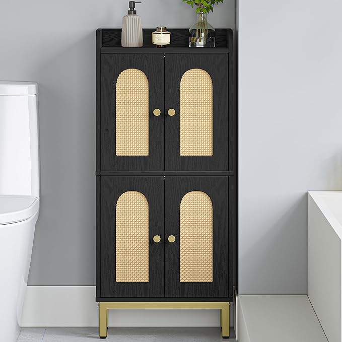 Hzuaneri Bathroom Cabinet, Small Storage Cabinet with 4 Doors | Bathroom Organizers and Storage Cabinets with Adjustable Feet. Cabinets Freestanding for Living Room, Kitchen, Rattan black
