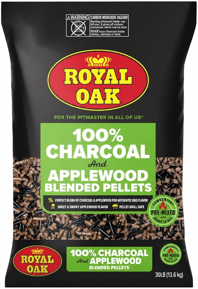 Royal Oak 100% Charcoal & Apple Blended Pellets for Pellet Grills and Smokers, Mild Sweet BBQ Flavor, 30 LB Bag