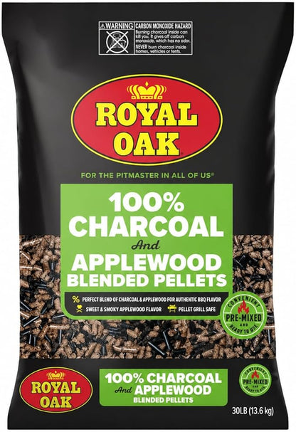 Royal Oak 100% Charcoal & Apple Blended Pellets for Pellet Grills and Smokers, Mild Sweet BBQ Flavor, 30 LB Bag