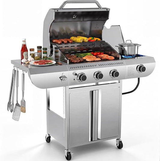 Electactic 3-Burner Propane Gas Grill with Side Burner, 34,000 BTU, Stainless Steel Barbecue Grill with Cast Iron Grates, Built-In Thermometer, Portable BBQ Grill for Outdoor Cooking, Patio,Camping