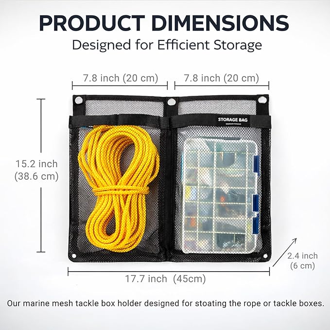 Marine Mesh Double Pocket Boat Gear Storage Bag, Polyester Boat Rope Storage Bag, Screw Snap Mount (Black, Large)