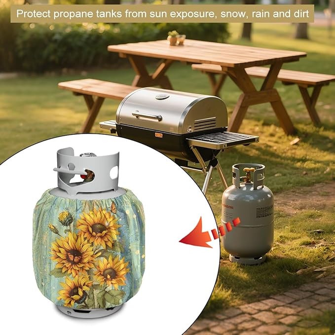Rv Dual Propane Tank Cover Double 20 lbSunflower Wood Print Gas Tank Cover Outdoor 600D Heavy Duty Waterproof Covers Fits Standard 20 lb Cylinder, 13.7'' x 16.5''