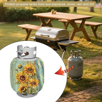 Rv Dual Propane Tank Cover Double 20 lbSunflower Wood Print Gas Tank Cover Outdoor 600D Heavy Duty Waterproof Covers Fits Standard 20 lb Cylinder, 13.7'' x 16.5''