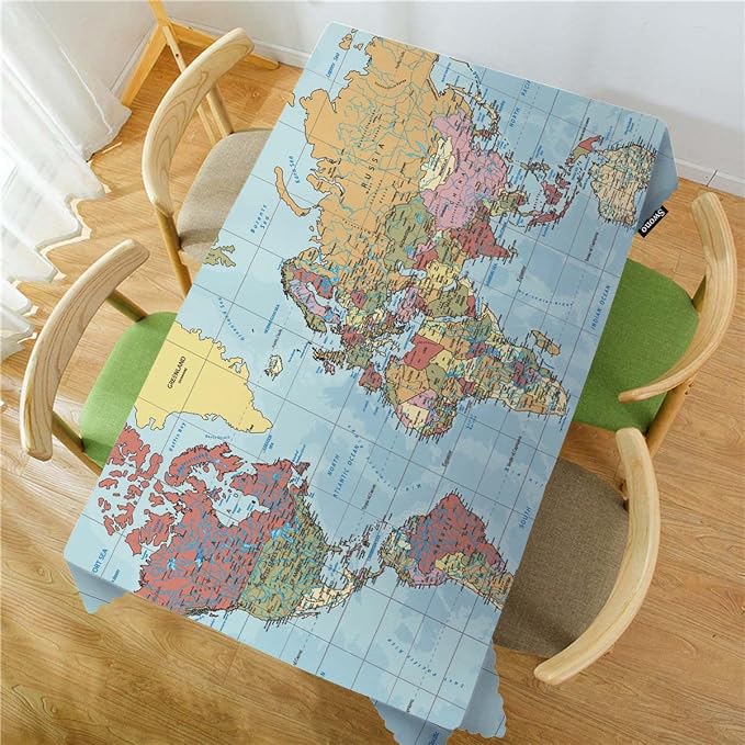 Swono World Map Rectangle Tablecloth Vintage Global Political Map Table Cloth Dining Table Cover for Home Kitchen Restaurant Party Buffet Picnic, 52x70 Inch, Blue