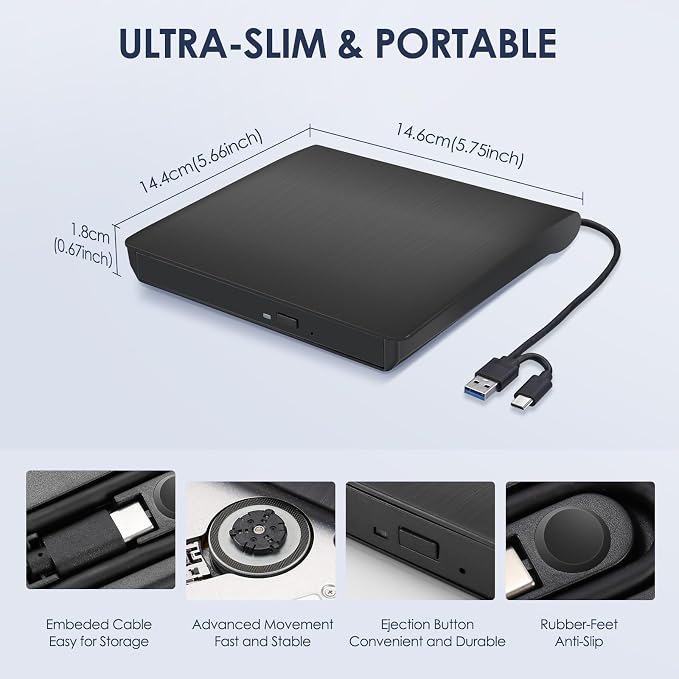 External CD/DVD Drive for Laptop, Type-C CD/DVD Player USB 3.0 Portable Burner Writer Reader Compatible with Mac MacBook Pro/Air iMac Desktop Windows 7/8/10/XP/Vista (Black)