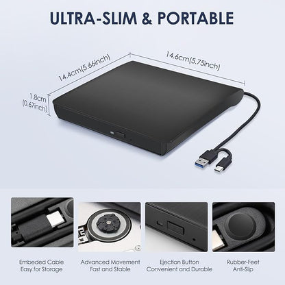 External CD/DVD Drive for Laptop, Type-C CD/DVD Player USB 3.0 Portable Burner Writer Reader Compatible with Mac MacBook Pro/Air iMac Desktop Windows 7/8/10/XP/Vista (Black)