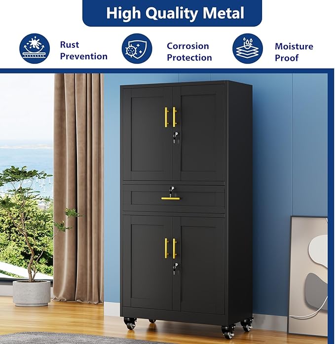 Ckzbx Metal Garage Storage Cabinet with Locking Drawers and Adjustable Shelves,71" H Steel File Cabinet with Wheels for Garage,Office (Black)