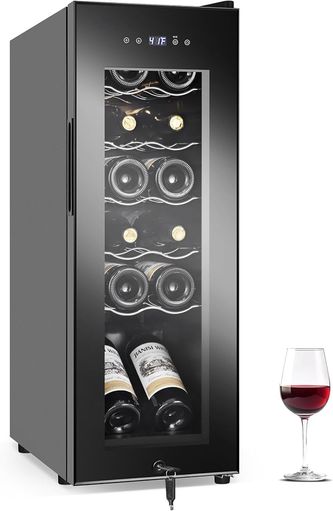 FoMup Wine Fridge 12 Bottles, Small Wine Cooler Refrigerator Freestanding with Digital Temperature Control Safety Lock, Frost Free for Red White Wine, Champagne