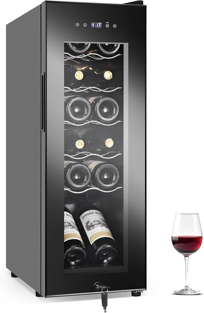 FoMup Wine Fridge 12 Bottles, Small Wine Cooler Refrigerator Freestanding with Digital Temperature Control Safety Lock, Frost Free for Red White Wine, Champagne