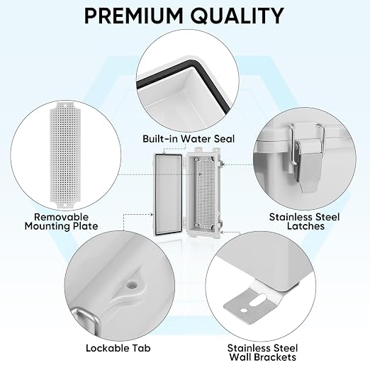 TICONN Outdoor Electrical Box Waterproof, Junction Box IP67 ABS Plastic Enclosure with Hinged Cover with Mounting Plate, Wall Brackets, Cable Glands (Off-White, 10.2"x4.3"x3.0")